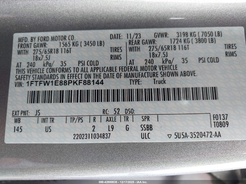 2023 Ford F-150 Xlt VIN: 1FTFW1E88PKF88144 Lot: 43900838