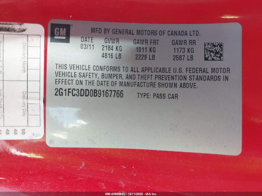 2011 Chevrolet Camaro 2Lt VIN: 2G1FC3DD0B9167766 Lot: 43900841