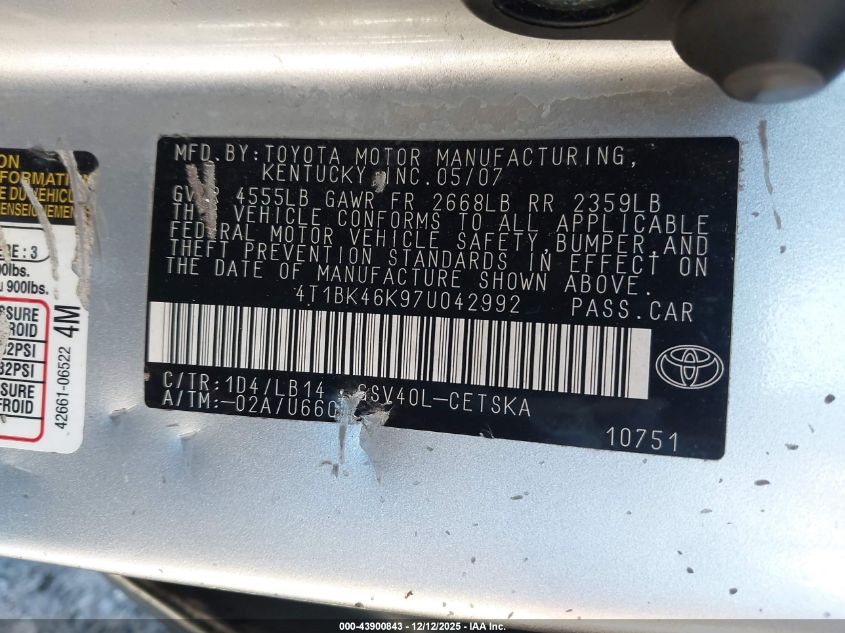 2007 Toyota Camry Se V6 VIN: 4T1BK46K97U042992 Lot: 43900843