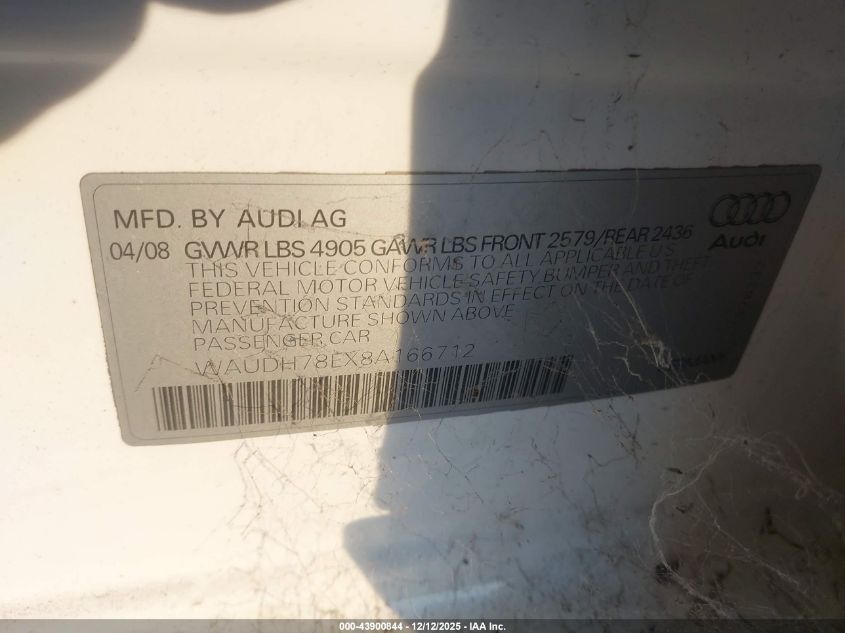 2008 Audi A4 3.2 VIN: WAUDH78EX8A166712 Lot: 43900844