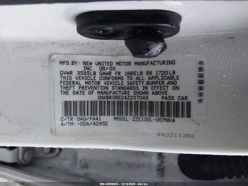 2004 Toyota Corolla Le VIN: 1NXBR38E24Z237048 Lot: 43900853