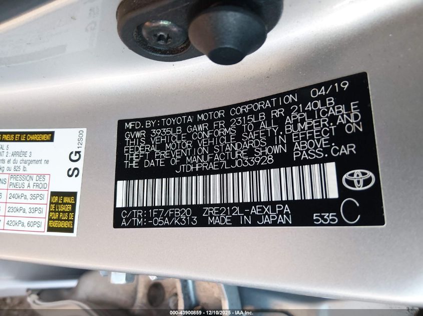 2020 Toyota Corolla Le VIN: JTDHPRAE7LJ033928 Lot: 43900859