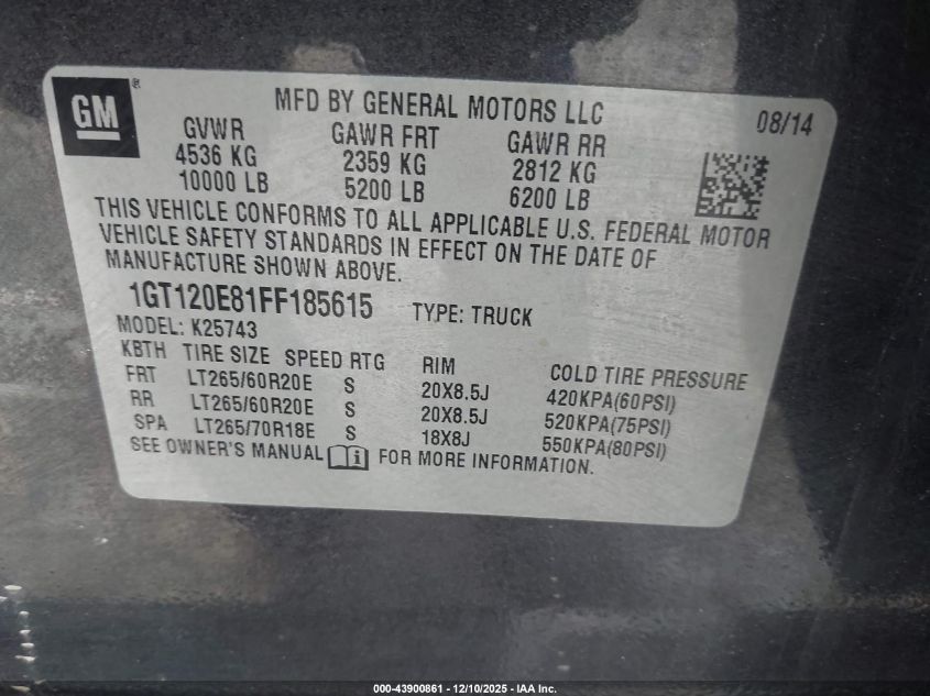 2015 GMC Sierra 2500Hd Denali VIN: 1GT120E81FF185615 Lot: 43900861