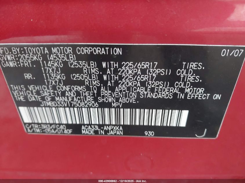 2007 Toyota Rav4 VIN: JTMBD33V175082906 Lot: 43900862