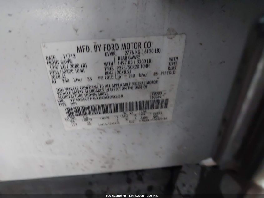 2014 Ford Explorer Limited VIN: 1FM5K7F83EGB09228 Lot: 43900870