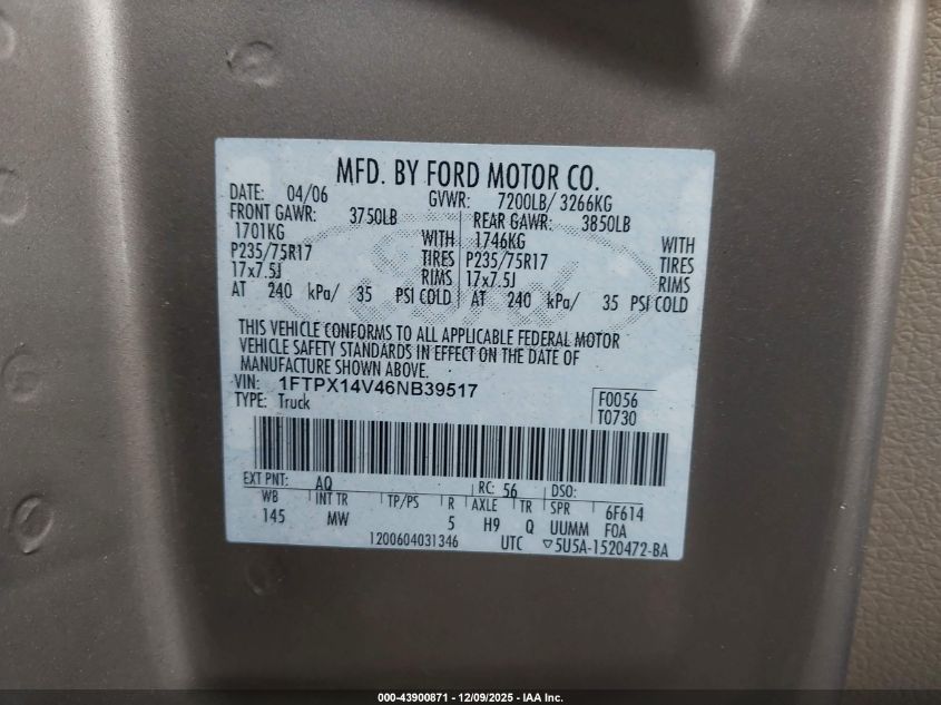 2006 Ford F-150 Fx4/Lariat/Xl/Xlt VIN: 1FTPX14V46NB39517 Lot: 43900871