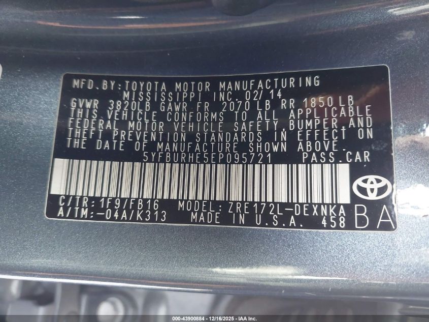 2014 Toyota Corolla Le Plus VIN: 5YFBURHE5EP095721 Lot: 43900884