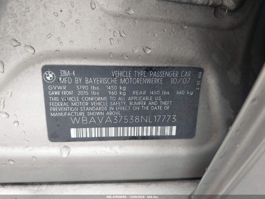 2008 BMW 328I VIN: WBAVA37538NL17773 Lot: 43900895