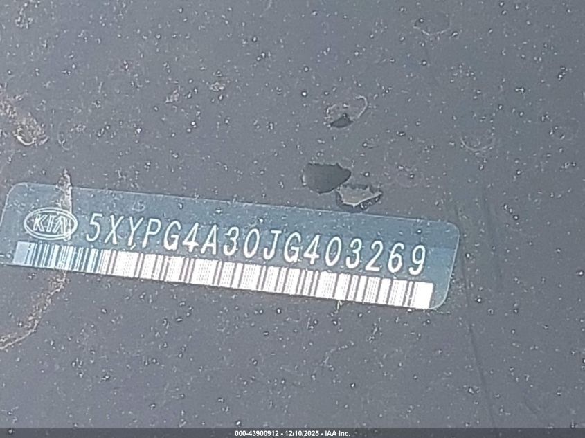 2018 Kia Sorento 2.4L L VIN: 5XYPG4A30JG403269 Lot: 43900912