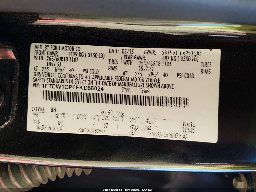 2015 Ford F-150 Xlt VIN: 1FTEW1CP0FKD66024 Lot: 43900913