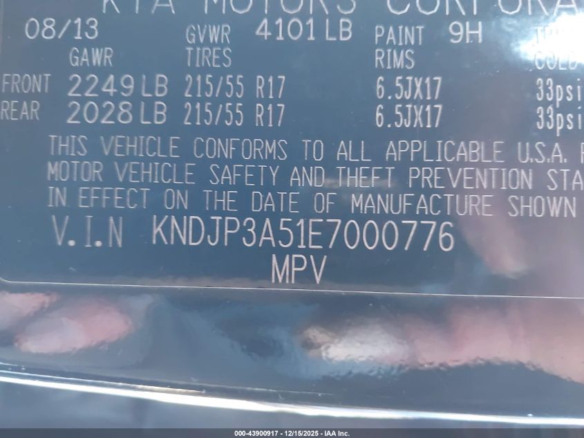 2014 Kia Soul + VIN: KNDJP3A51E7000776 Lot: 43900917