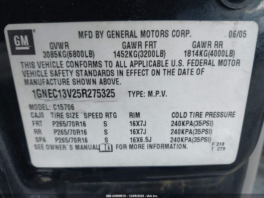 2005 Chevrolet Tahoe Ls VIN: 1GNEC13V25R275325 Lot: 43900919