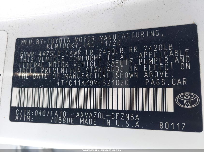 2021 Toyota Camry Le VIN: 4T1C11AK9MU521020 Lot: 43900937