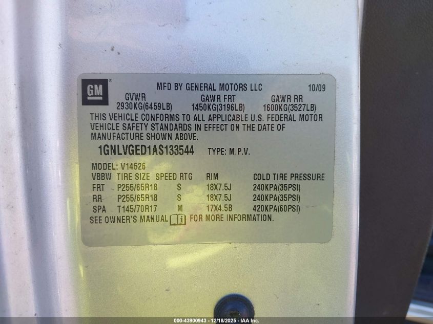 2010 Chevrolet Traverse Lt VIN: 1GNLVGED1AS133544 Lot: 43900943