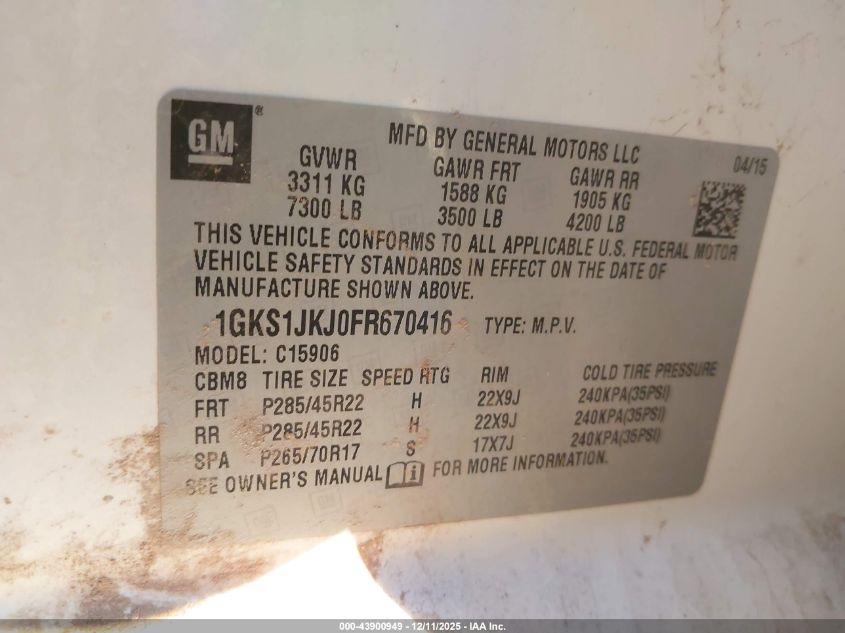 2015 GMC Yukon Xl 1500 Denali VIN: 1GKS1JKJ0FR670416 Lot: 43900949