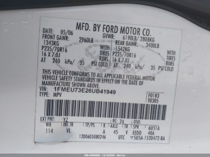 2006 Ford Explorer Xlt VIN: 1FMEU73E26UB41949 Lot: 43900952