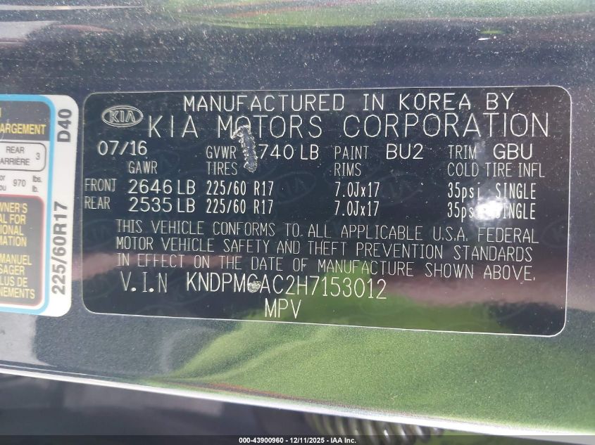 2017 Kia Sportage Lx VIN: KNDPMCAC2H7153012 Lot: 43900960