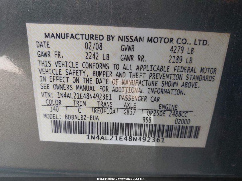 2008 Nissan Altima 2.5 S VIN: 1N4AL21E48N492361 Lot: 43900963