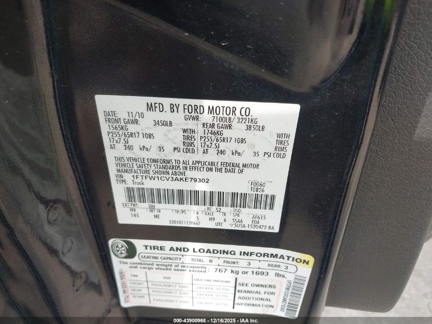 2010 Ford F-150 Fx2 Sport/Harley-Davidson/King Ranch/Lariat/Platinum/Xl/Xlt VIN: 1FTFW1CV3AKE79302 Lot: 43900968