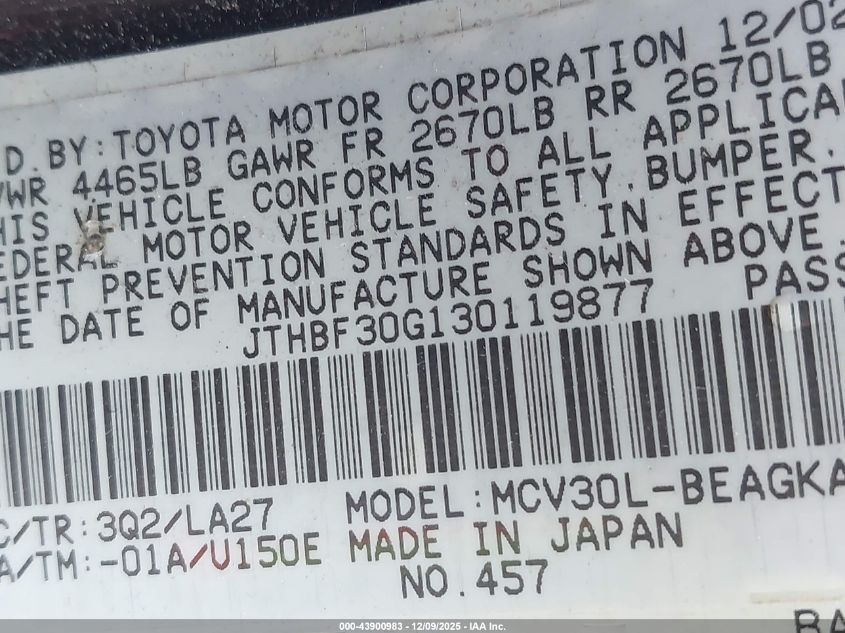 2003 Lexus Es 300 VIN: JTHBF30G130119877 Lot: 43900983