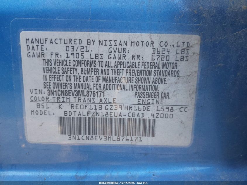 2021 Nissan Versa Sv Xtronic Cvt VIN: 3N1CN8EV3ML876171 Lot: 43900984