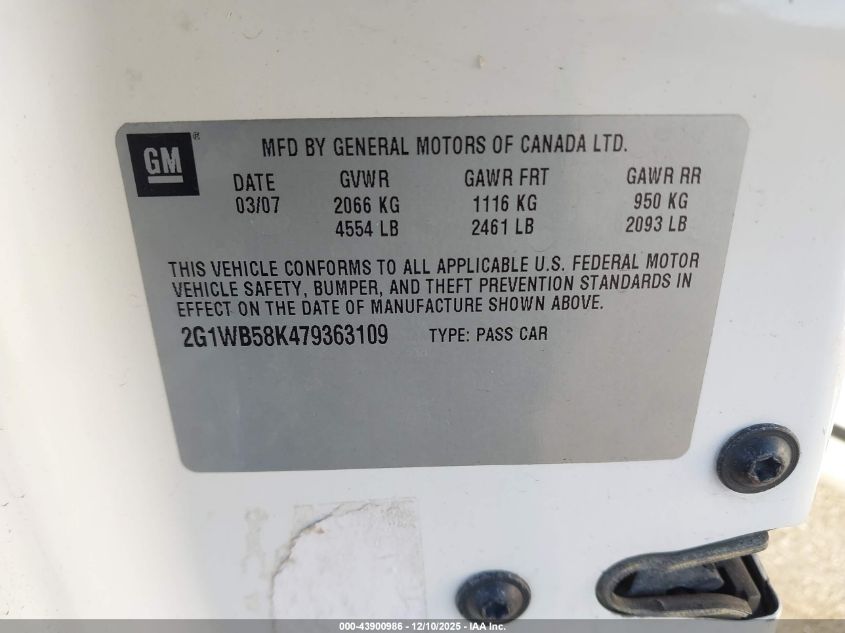 2007 Chevrolet Impala Ls VIN: 2G1WB58K479363109 Lot: 43900986