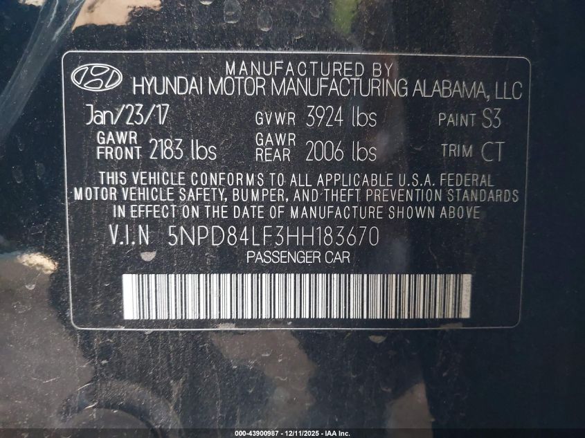 2017 Hyundai Elantra Value Edition VIN: 5NPD84LF3HH183670 Lot: 43900987