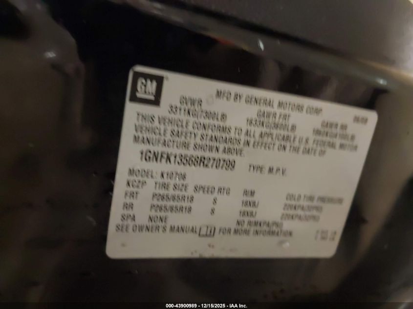 2008 Chevrolet Tahoe Hybrid VIN: 1GNFK13568R270799 Lot: 43900989