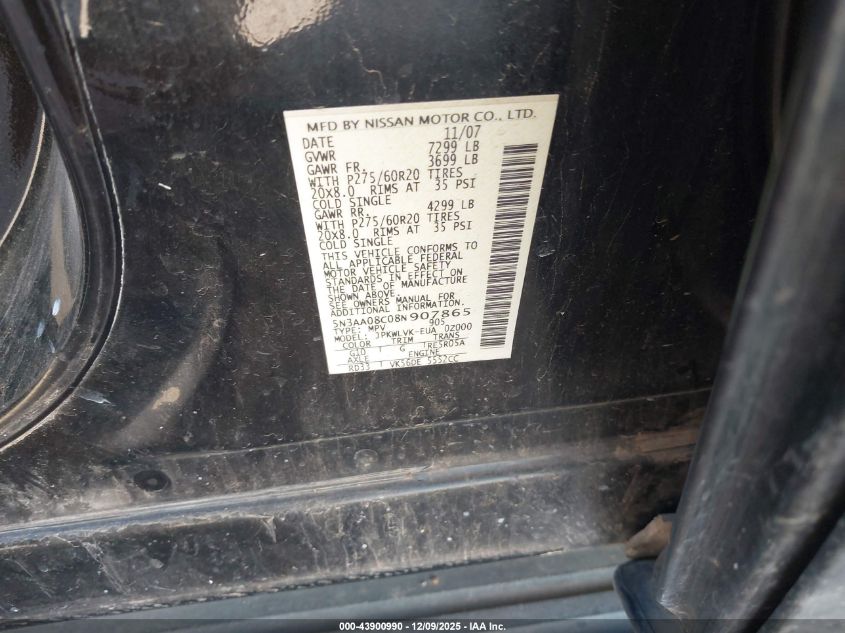 2008 Infiniti Qx56 VIN: 5N3AA08C08N907865 Lot: 43900990