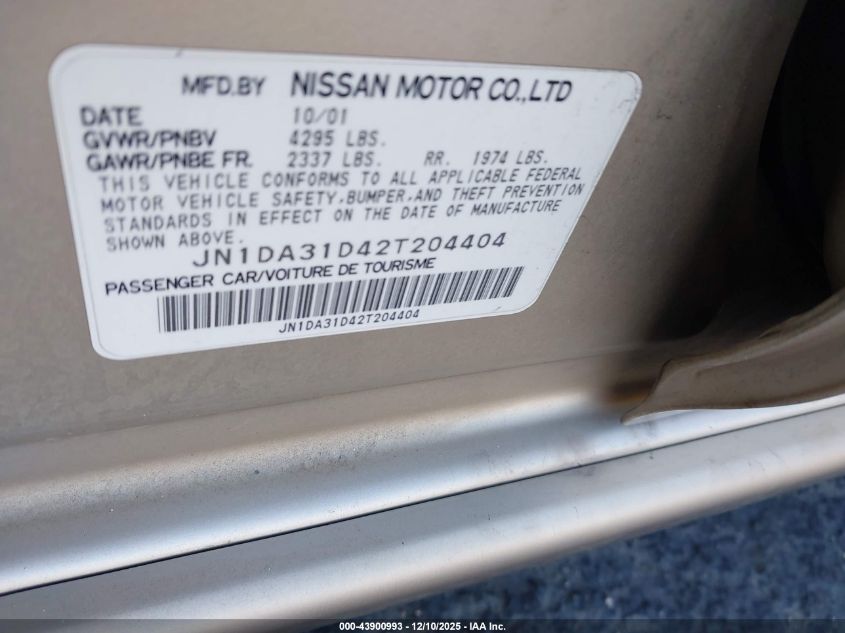 2002 Nissan Maxima Se VIN: JN1DA31D42T204404 Lot: 43900993