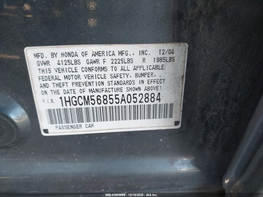 2005 Honda Accord 2.4 Ex VIN: 1HGCM56855A052884 Lot: 43900994