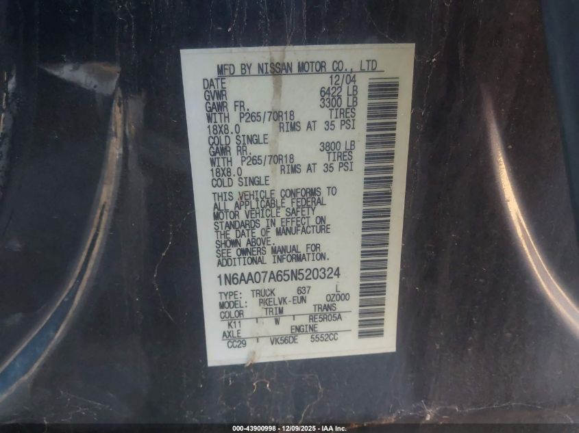 2005 Nissan Titan Le VIN: 1N6AA07A65N520324 Lot: 43900998