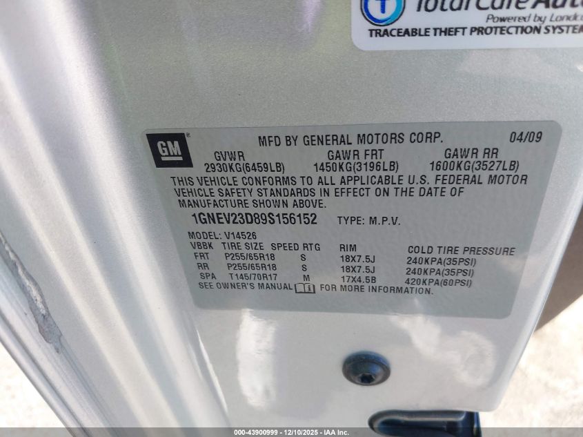 2009 Chevrolet Traverse Lt VIN: 1GNEV23D89S156152 Lot: 43900999