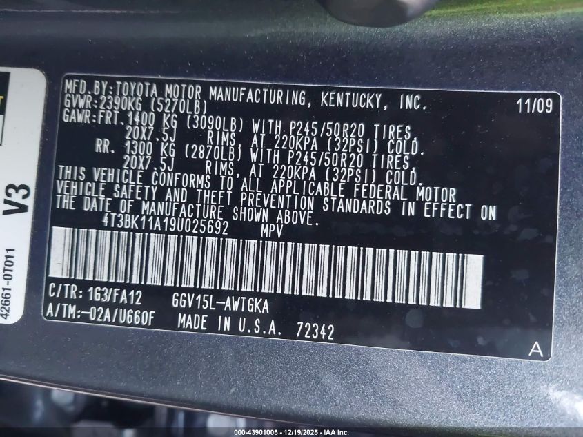 2009 Toyota Venza Base V6 VIN: 4T3BK11A19U025692 Lot: 43901005