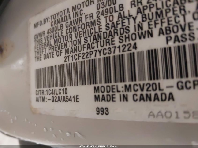 2000 Toyota Camry Solara Sle V6 VIN: 2T1CF22P7YC371224 Lot: 43901006