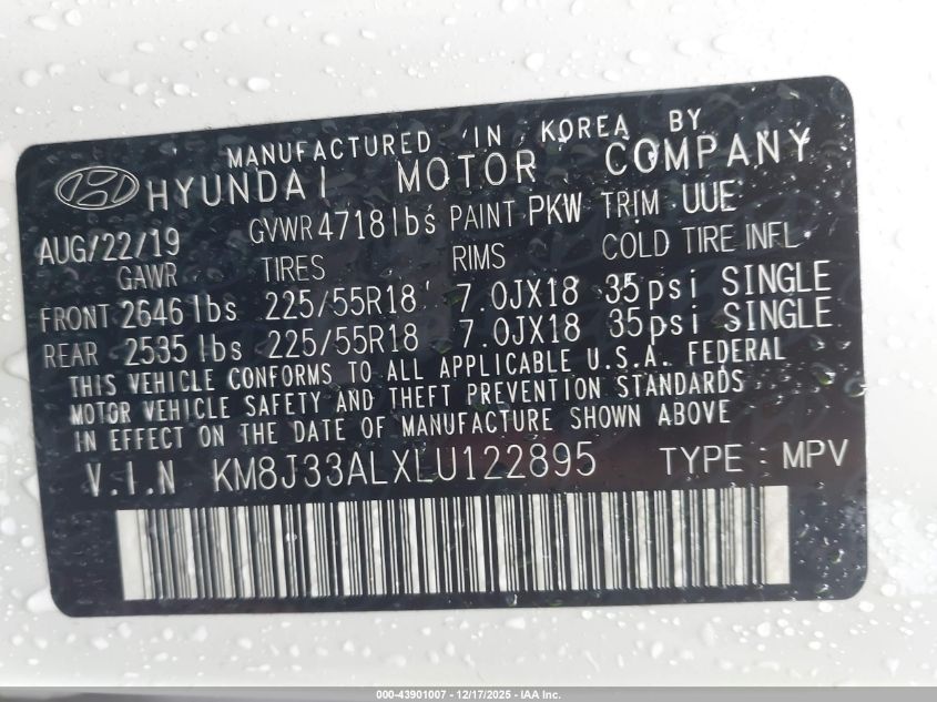 2020 Hyundai Tucson Sel VIN: KM8J33ALXLU122895 Lot: 43901007