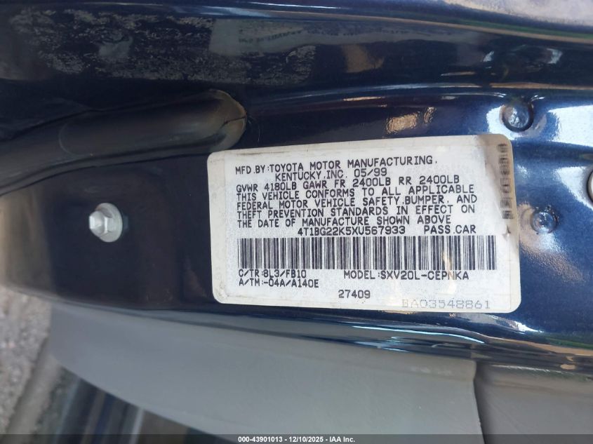 1999 Toyota Camry Le VIN: 4T1BG22K5XU567933 Lot: 43901013