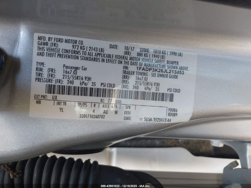 2018 Ford Focus Se VIN: 1FADP3K26JL213053 Lot: 43901022