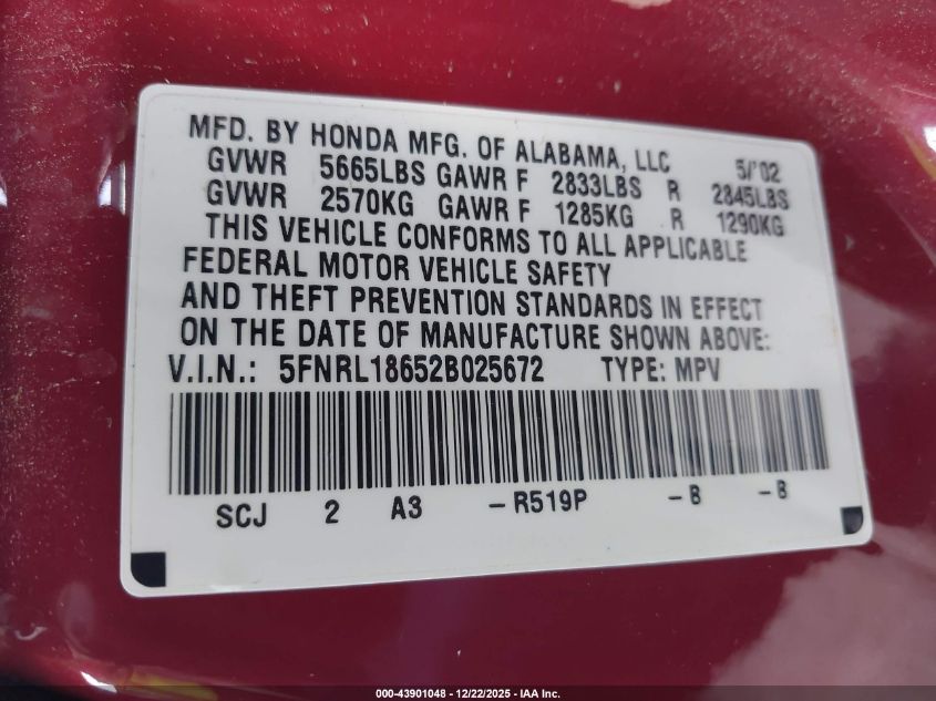 2002 Honda Odyssey Ex VIN: 5FNRL18652B025672 Lot: 43901048