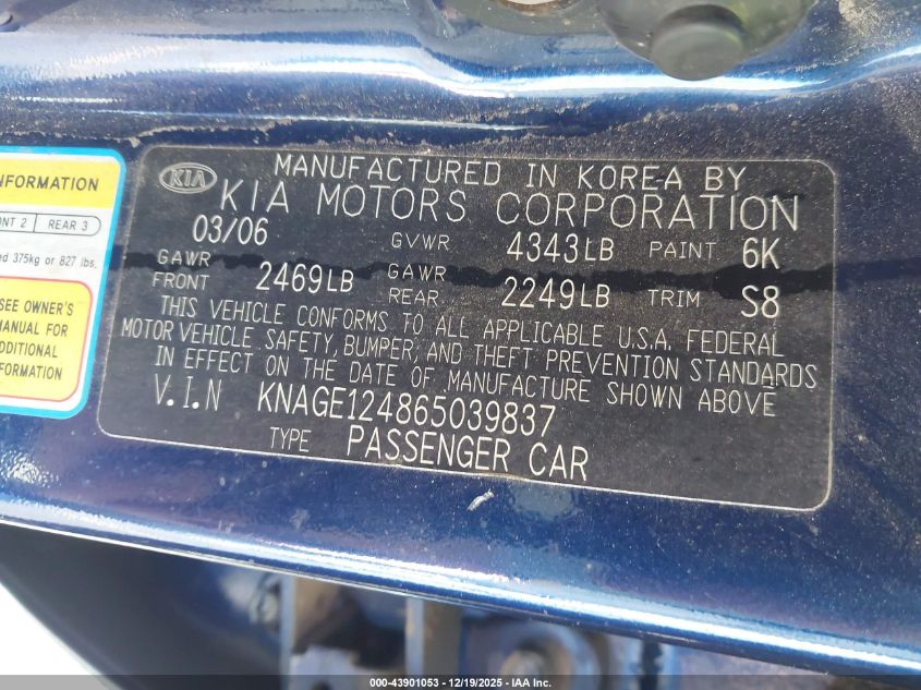 2006 Kia Optima Ex V6 (New)/Lx V6 (New) VIN: KNAGE124865039837 Lot: 43901053