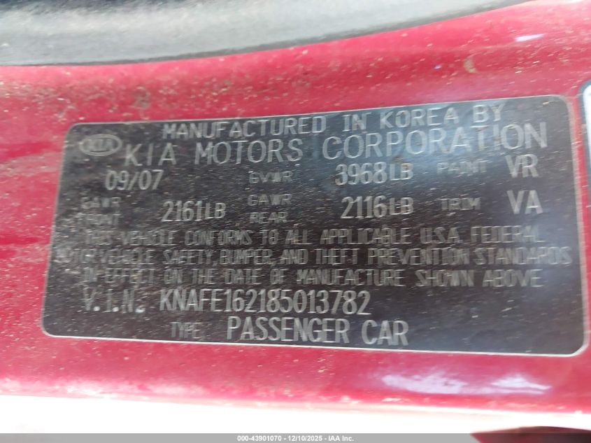 2008 Kia Spectra5 Sx VIN: KNAFE162185013782 Lot: 43901070