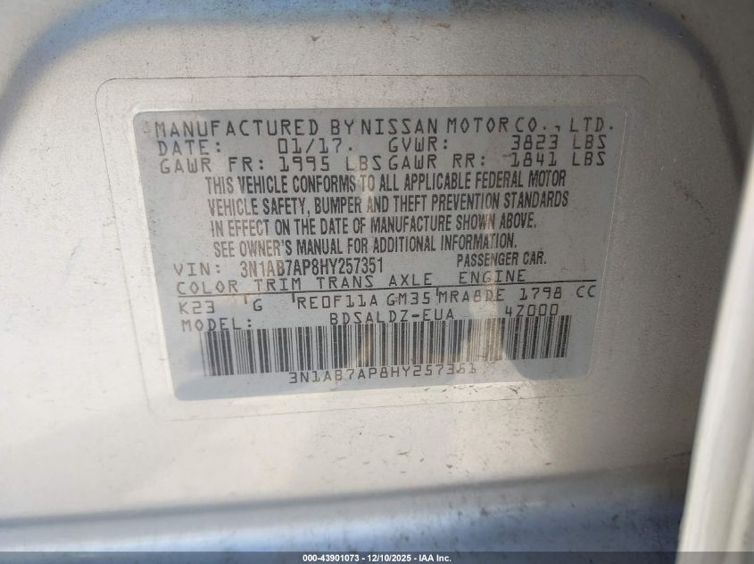 2017 Nissan Sentra Sv VIN: 3N1AB7AP8HY257351 Lot: 43901073