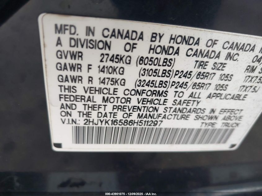 2006 Honda Ridgeline Rtl VIN: 2HJYK16586H511297 Lot: 43901075