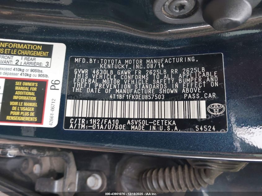 2014 Toyota Camry L VIN: 4T1BF1FK0EU857503 Lot: 43901076