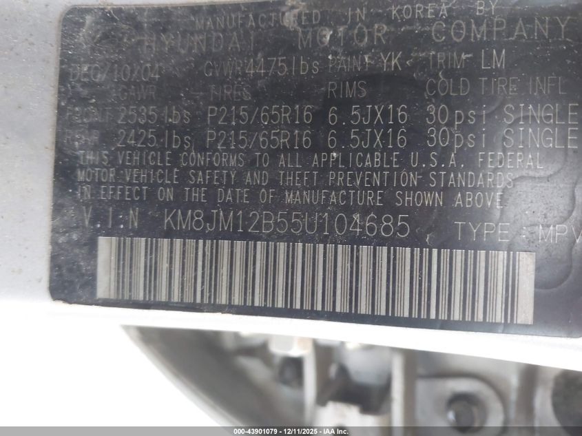 2005 Hyundai Tucson Gl VIN: KM8JM12B55U104685 Lot: 43901079