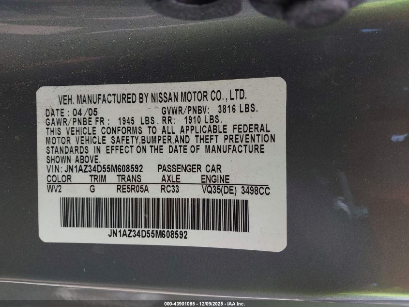2005 Nissan 350Z Anniversary Edition VIN: JN1AZ34D55M608592 Lot: 43901085