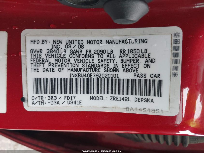 2009 Toyota Corolla S VIN: 1NXBU40E39Z020101 Lot: 43901086