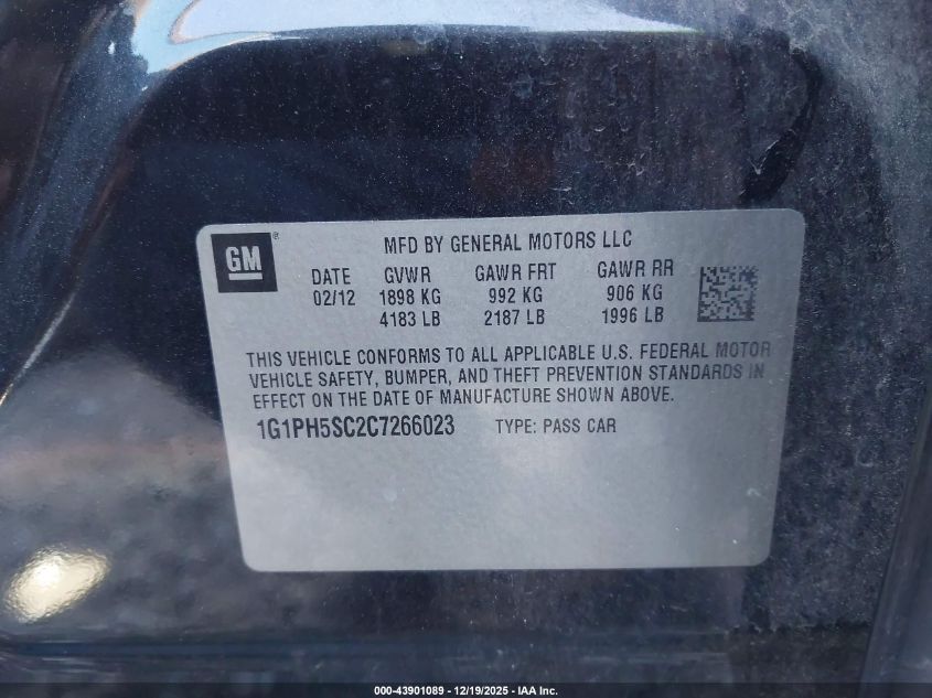 2012 Chevrolet Cruze Ltz VIN: 1G1PH5SC2C7266023 Lot: 43901089