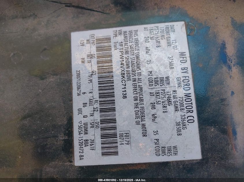 2008 Ford F-150 60Th Anniversary/Fx4/King Ranch/Lariat/Xlt VIN: 1FTPW14VX8KC71138 Lot: 43901092