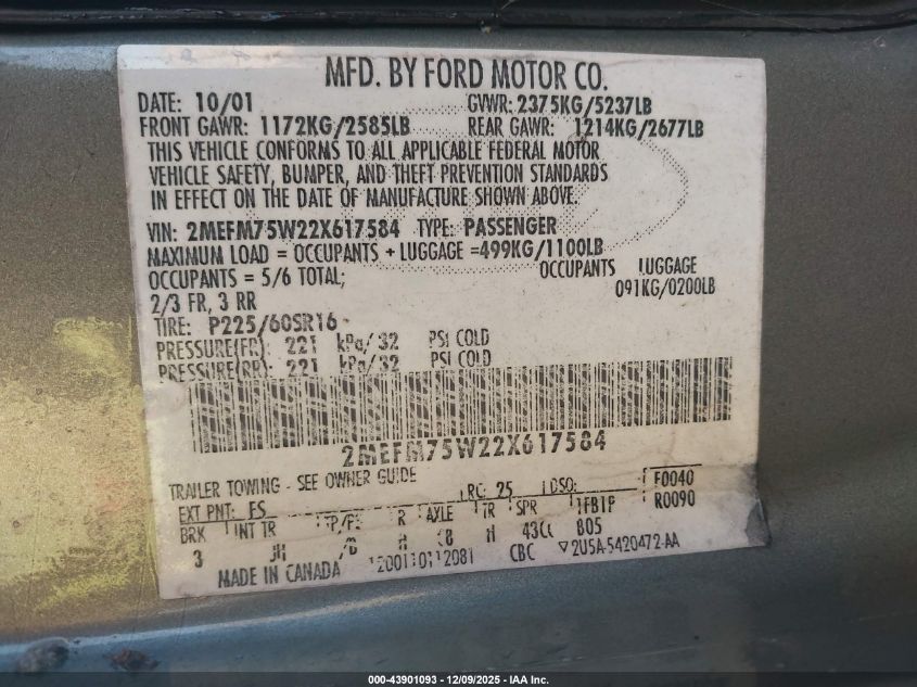 2002 Mercury Grand Marquis Ls VIN: 2MEFM75W22X617584 Lot: 43901093